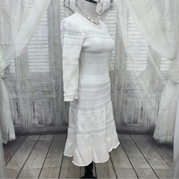 Eliza J Size Small White Pointelle Ruffle Hem Sweater Dress Sleeves Fit & Flare - Picture 5 of 8